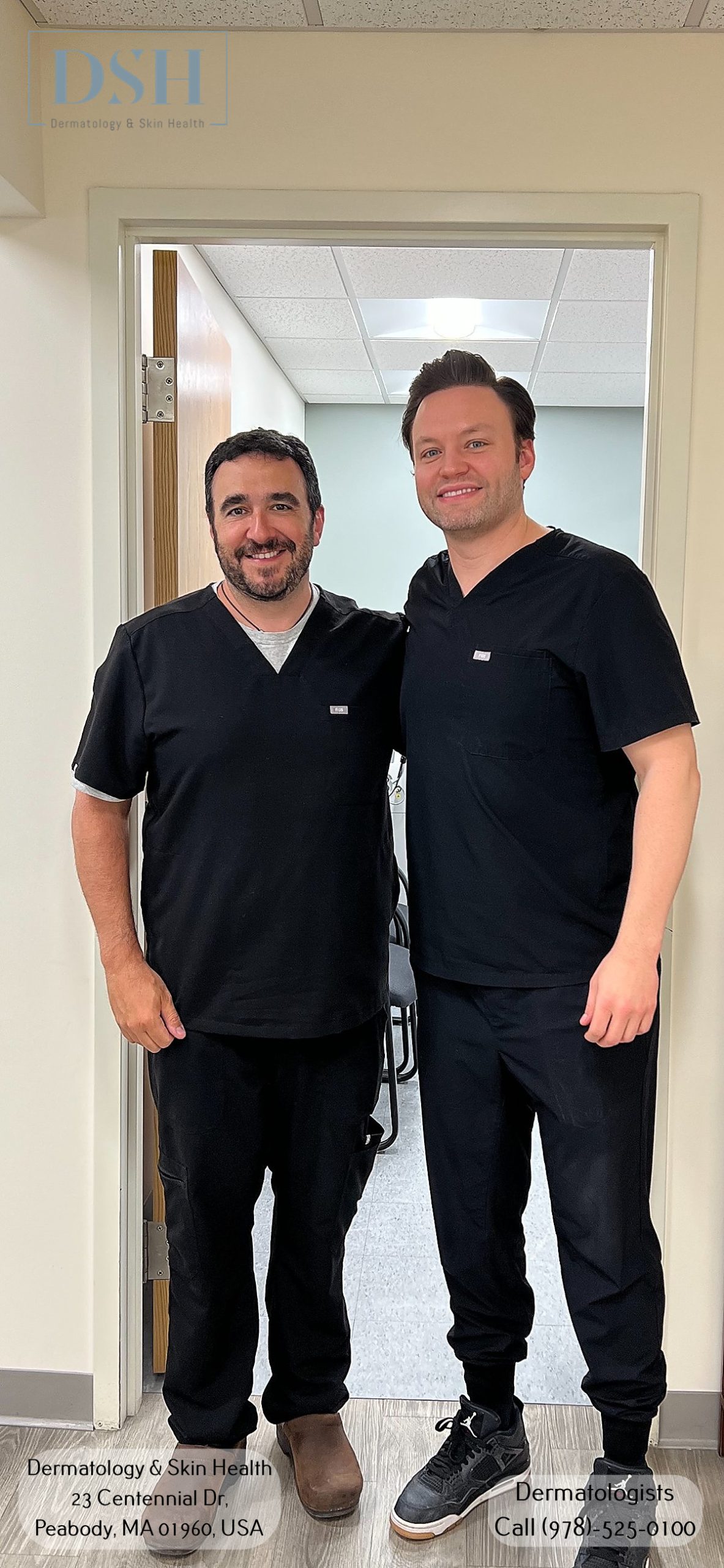 Two men in black medical scrubs pose together in an office hallway. The sign in the background reads "DSH Dermatology & Skin Health." Contact details are listed at the bottom.