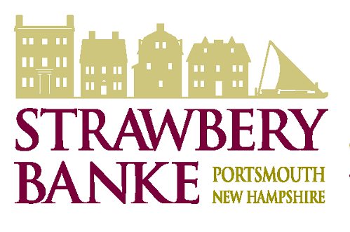 Logo of Strawbery Banke in Portsmouth, New Hampshire, featuring stylized buildings and a boat above the text.