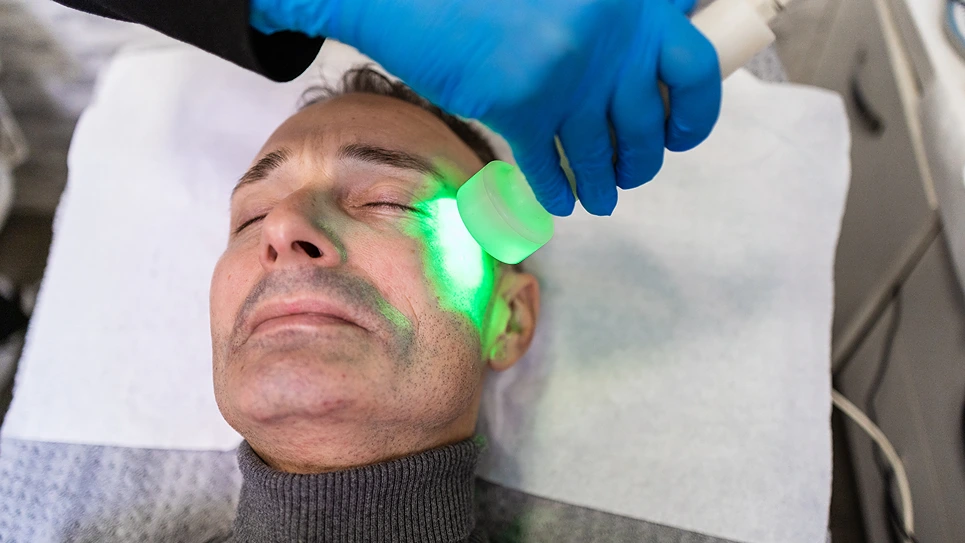 A man is lying down with his eyes closed while a person in blue gloves applies a green light treatment to his face.