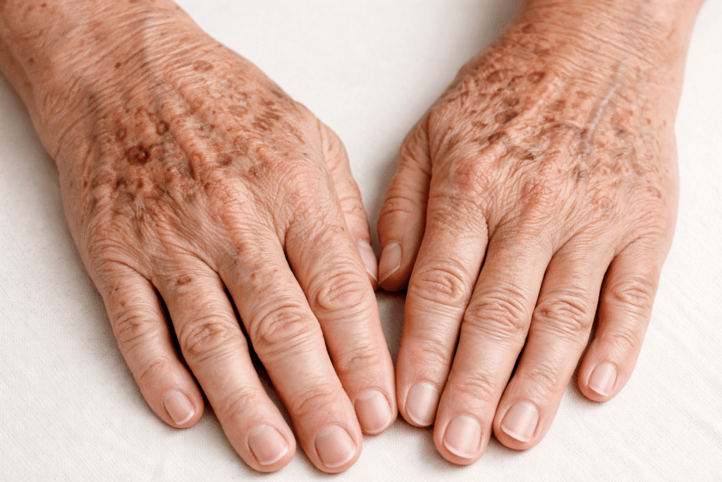 Hands with age spots on them